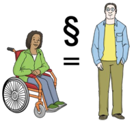 Person im Rollstuhl und eine Person ohne. Zwischen beiden ist ein Gleichheitszeichen.