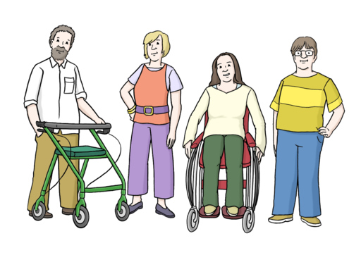 Vier Menschen - zwei mit sichtbaren Behinderungen - stehen nebeneinander und schauen selbstbewusst.