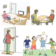 4 Motive: Zwei Menschen sitzen am Tisch und sprechen. Ein Mensch steht an einer Tür und klingelt. Ein Mensch sitzt in einem Wohnzimmer. Vier Menschen spielen mit einem Ball.
